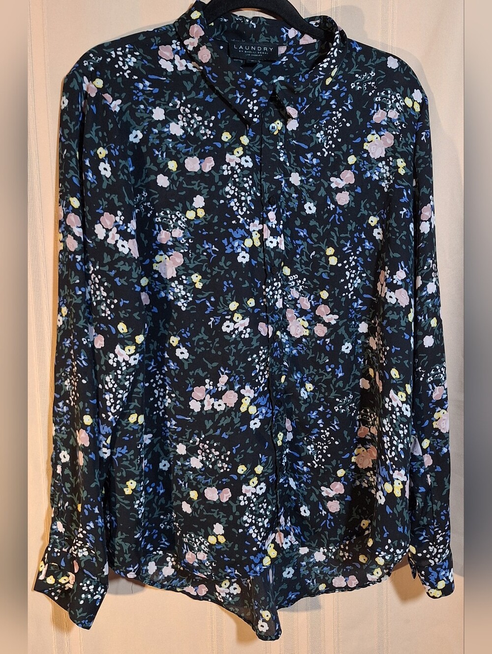LAUNDRY By Shelli Segal Black Floral Blouse with Pink and Yellow Accents